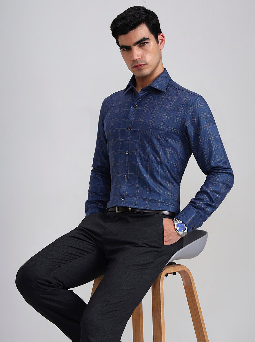 Blue Checked Slim Fit Formal Shirt | Metal