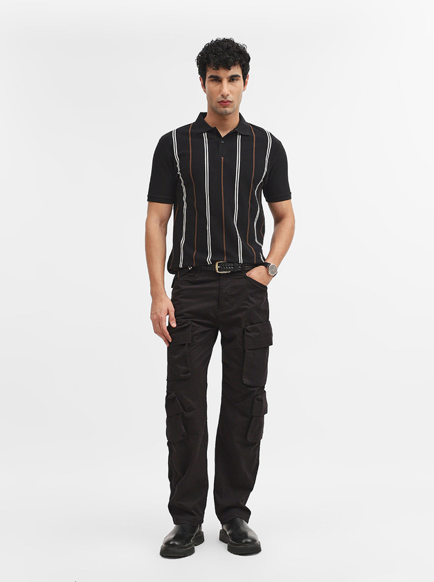 Black & White Striped Slim Fit Polo T-Shirt | Greenfibre