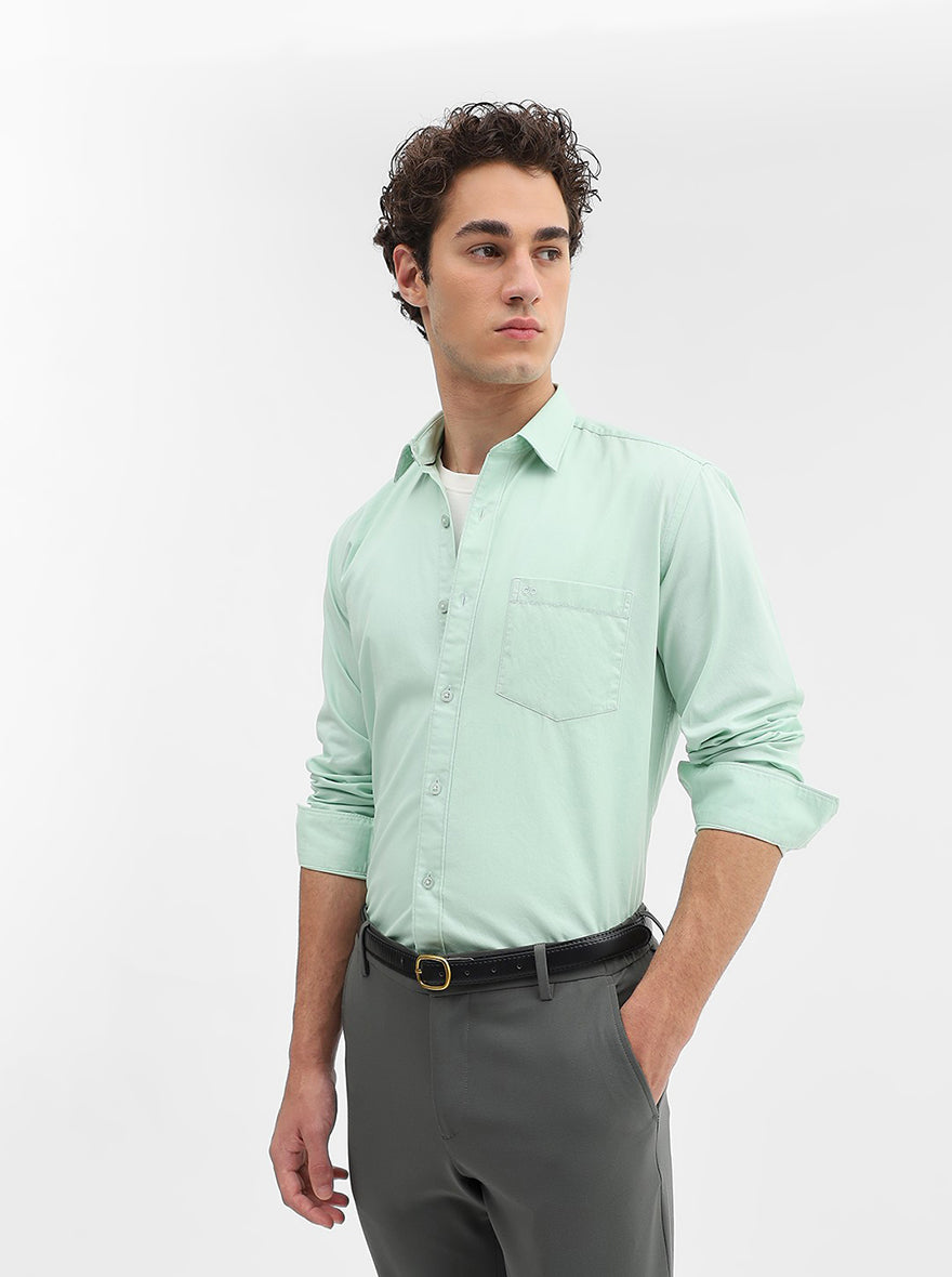 Light Green Solid Tailored Fit Semi Casual Shirt | JadeBlue