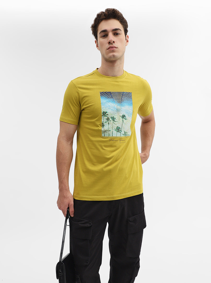 Mustard Printed Slim Fit T-Shirt | Greenfibre