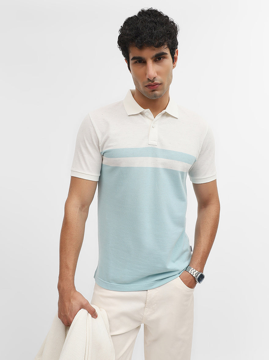 Sky Blue & Off White Striped Slim Fit Polo T-Shirt | Greenfibre