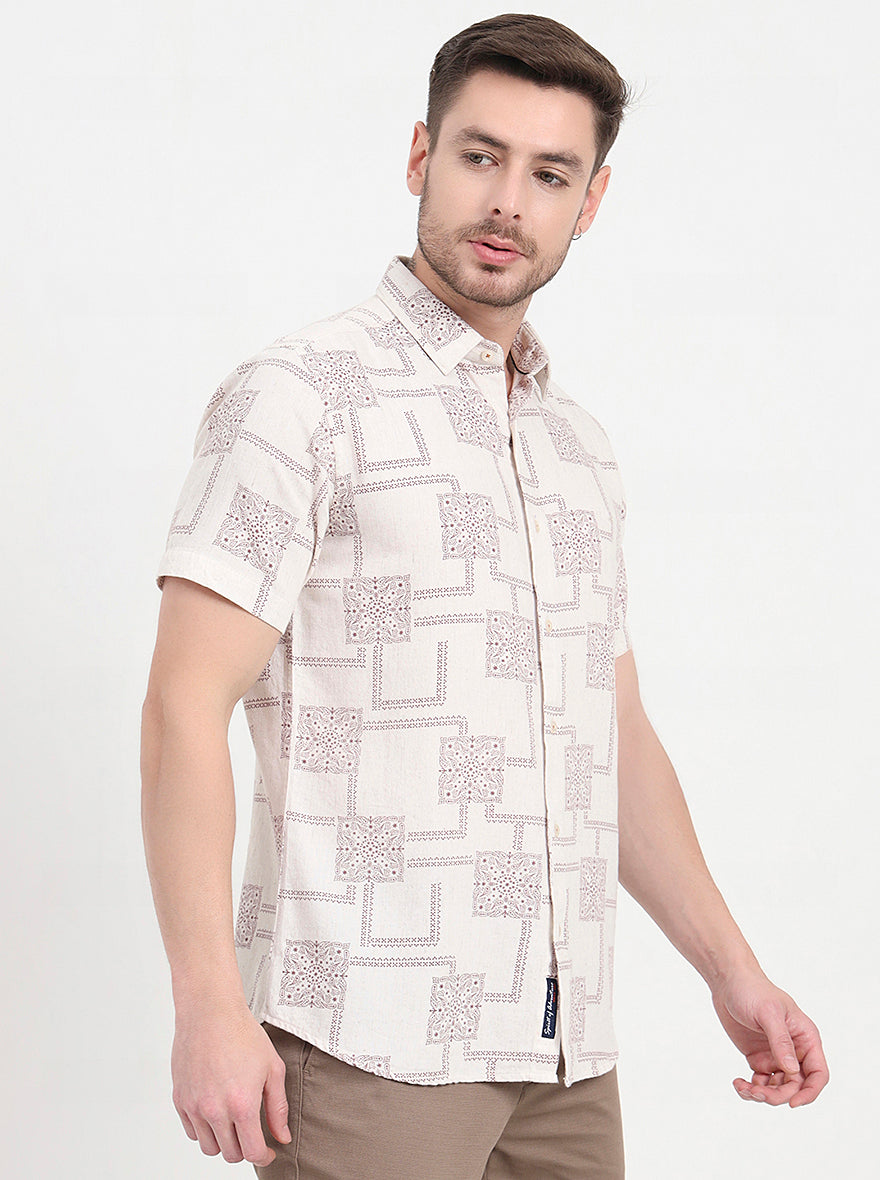 Beige & Maroon Printed Slim Fit Casual Shirt | JadeBlue