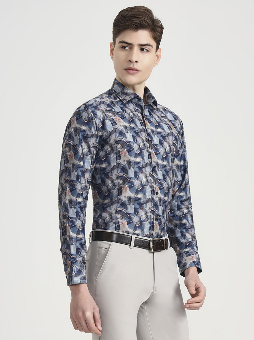 Blue Printed Slim Fit Party Wear Shirt | Greenfibre