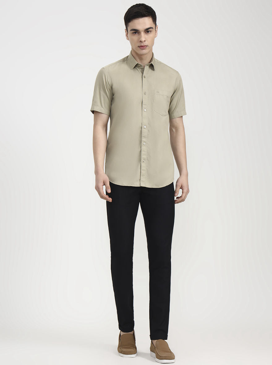 Olive Solid Tailored Fit Semi Casual Shirt | JadeBlue