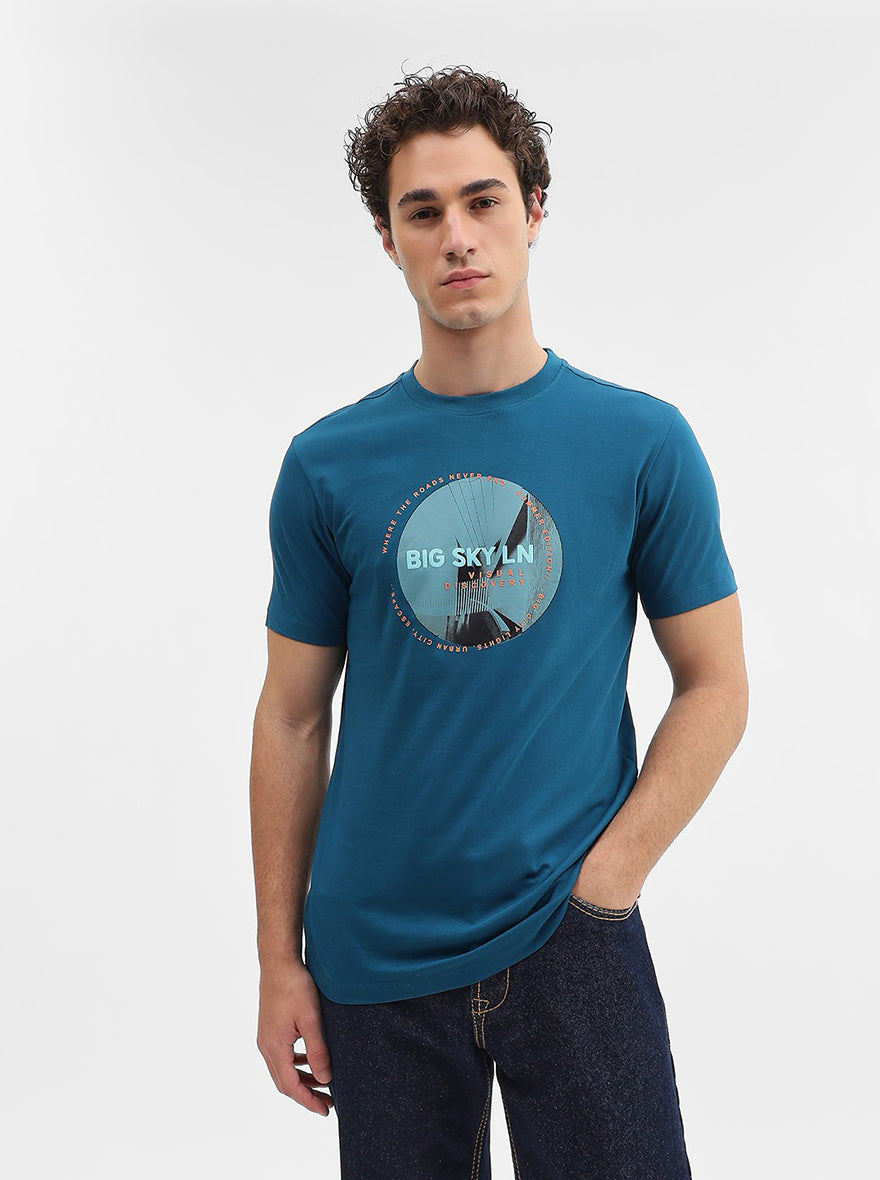 Dark Teal Printed Slim Fit T-Shirt | Greenfibre