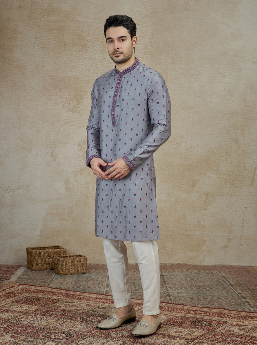 Grey & Red Embroidered Kurta Pajama | Virasana