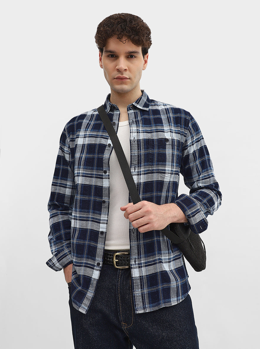 Navy Blue Checked Slim Fit Casual Shirt | Greenfibre