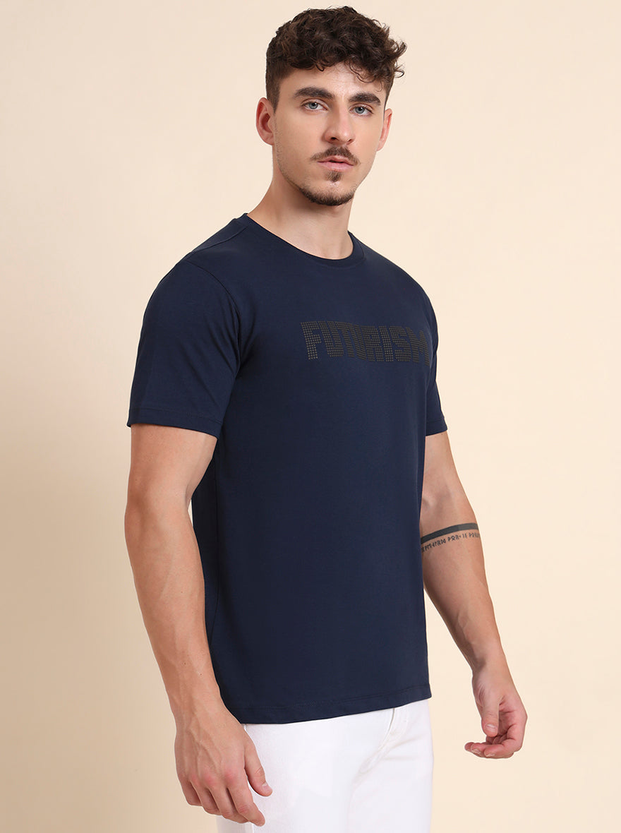 Navy Blue Printed Slim Fit T-Shirt | Greenfibre