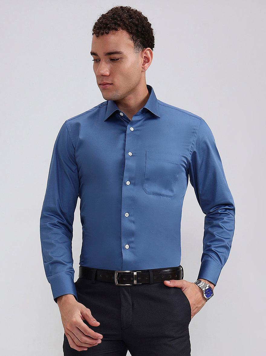 Blue Solid Slim Fit Formal Shirt | JadeBlue Super Luxe