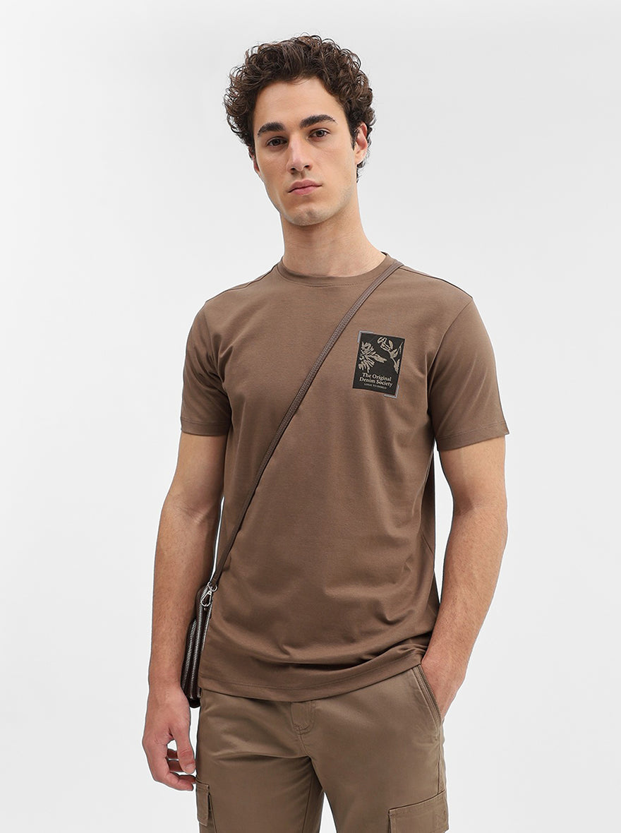 Khaki Printed Slim Fit T-Shirt | JadeBlue