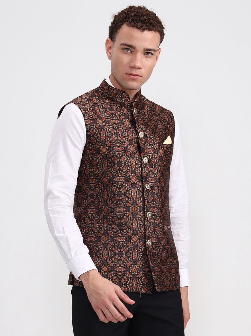 Golden Green Printed Regular Fit Waistcoat | JB Studio