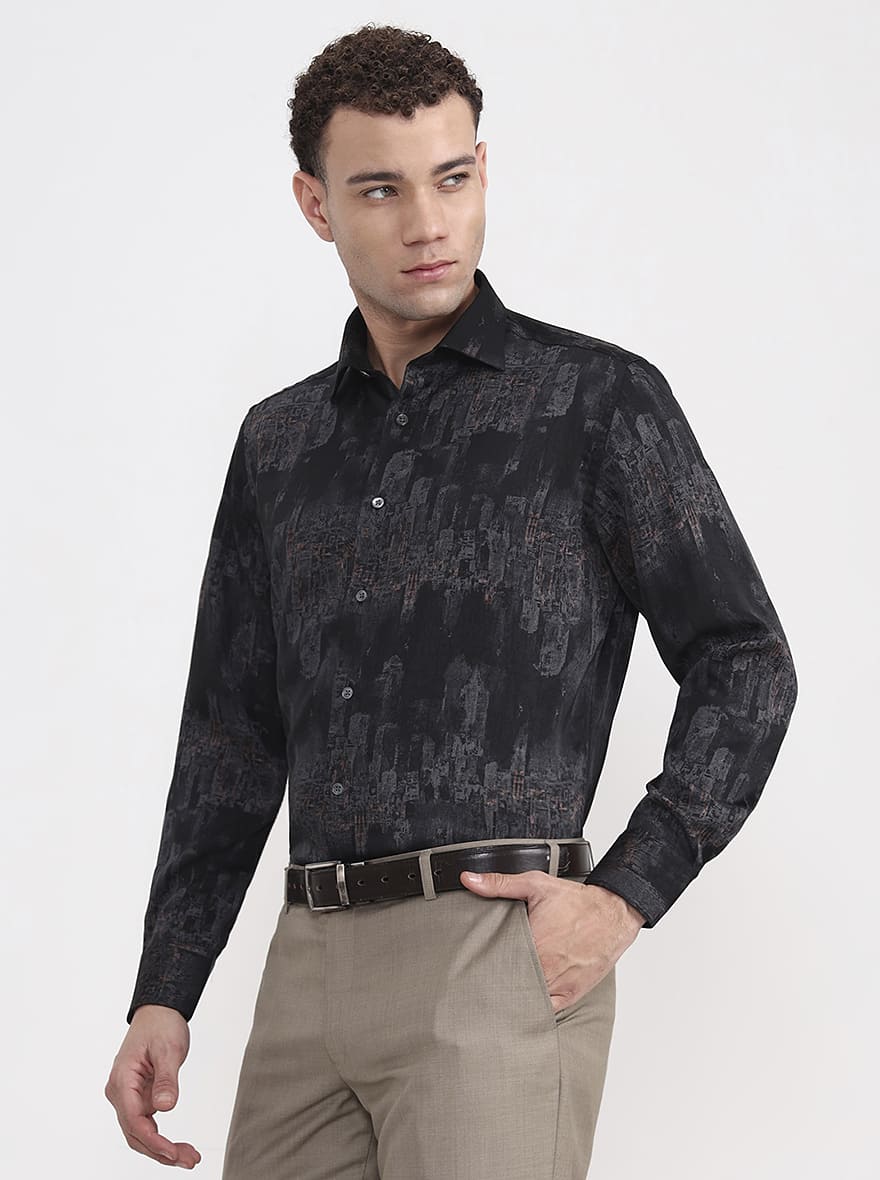 Black & Grey Printed Slim Fit Formal Shirt | JadeBlue Super Luxe
