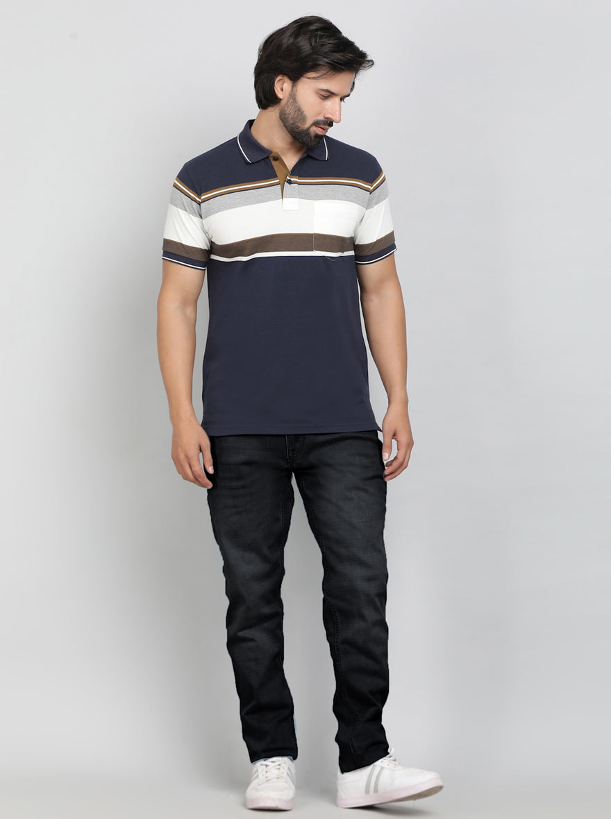 Navy Blue Striped Regular Fit Polo T-Shirt | Greenfibre
