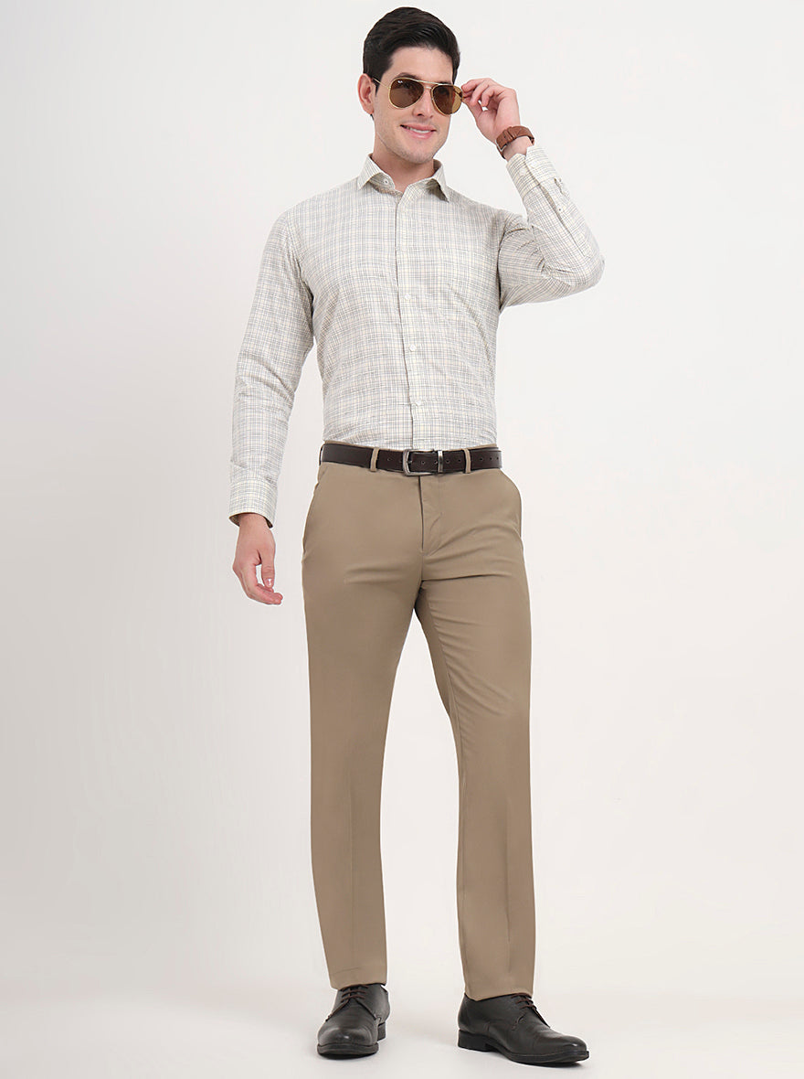 Khaki Solid Slim Fit Formal Trouser | Metal