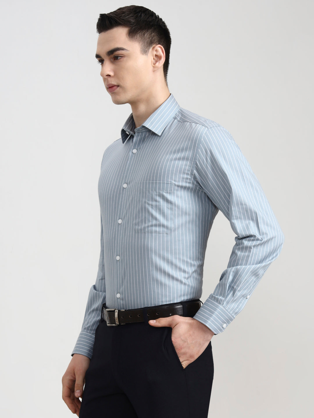 Sky Blue Striped Regular Fit Formal Shirt | JadeBlue