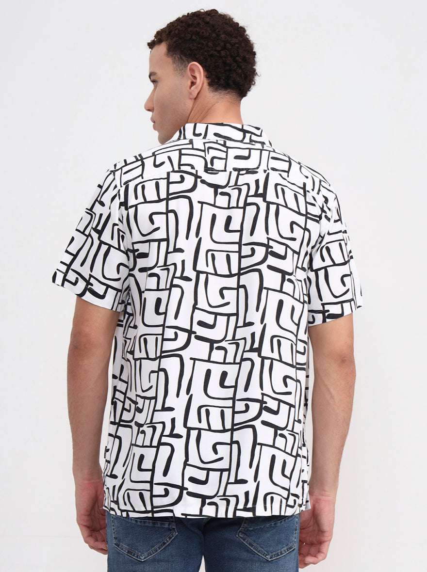 White & Black Printed Slim Fit Casual Shirt | JadeBlue