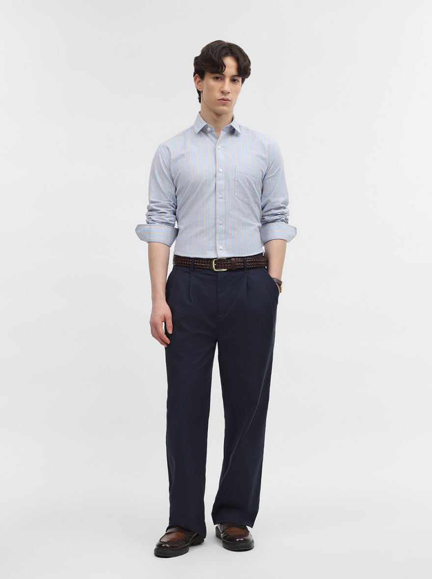 Blue & Grey Striped Tailored Fit Semi Casual Shirt | JadeBlue
