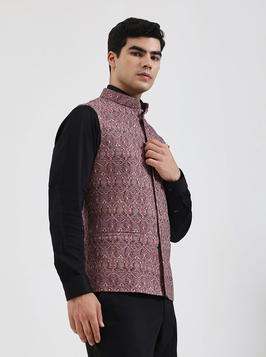 Maroon & Beige Printed Regular Fit Waistcoat | JB Studio