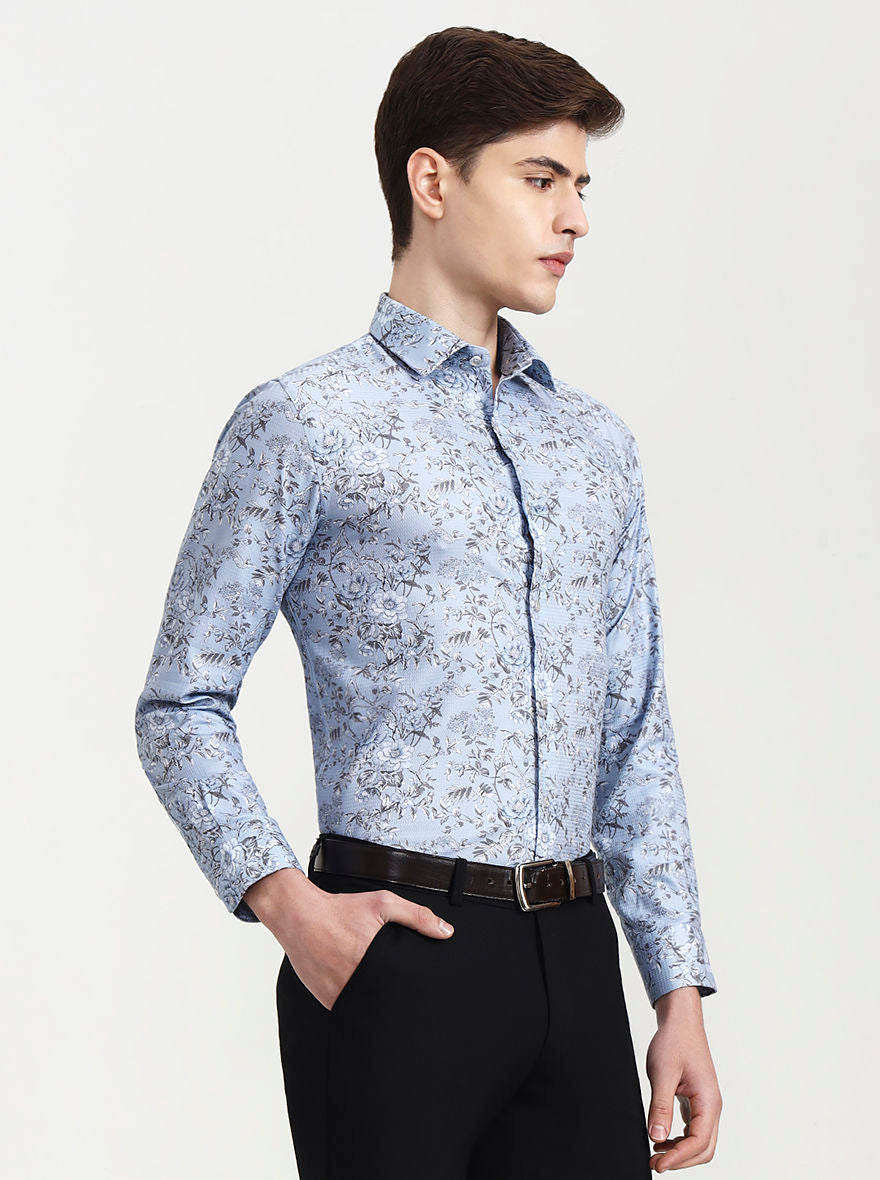 Blue & Grey Printed Slim Fit Party Wear Shirt | Wyre