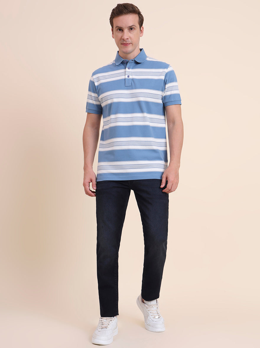 Blue & White Striped Slim Fit Polo T-Shirt | JadeBlue