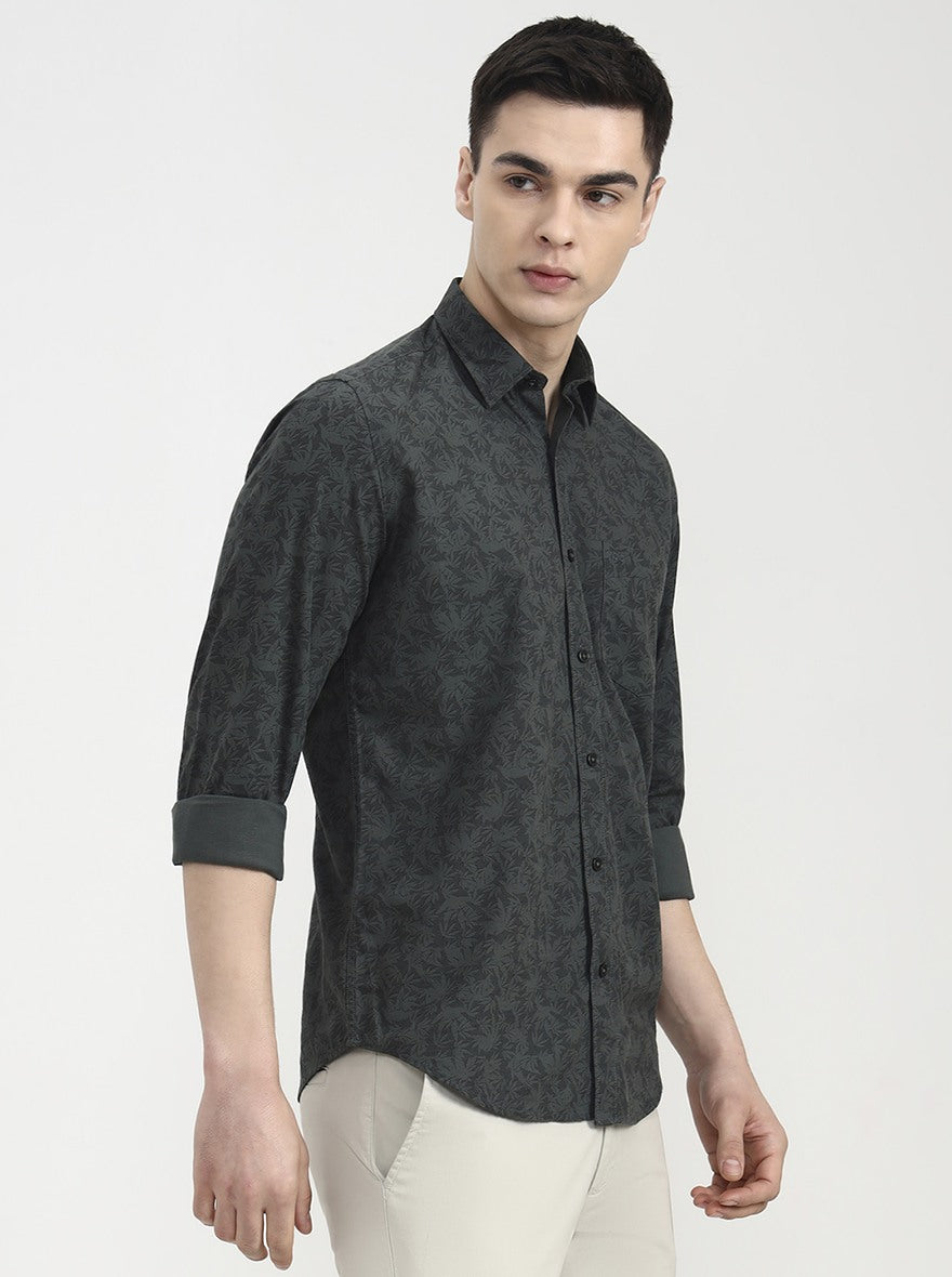 Olive Green Printed Tailored Fit Semi Casual Shirt | JadeBlue