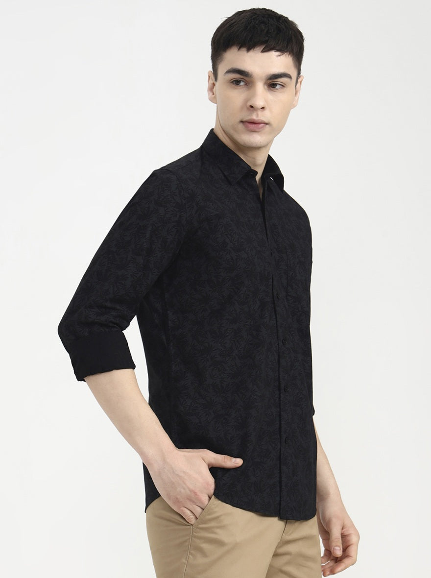 Black Printed Tailored Fit Semi Casual Shirt | JadeBlue