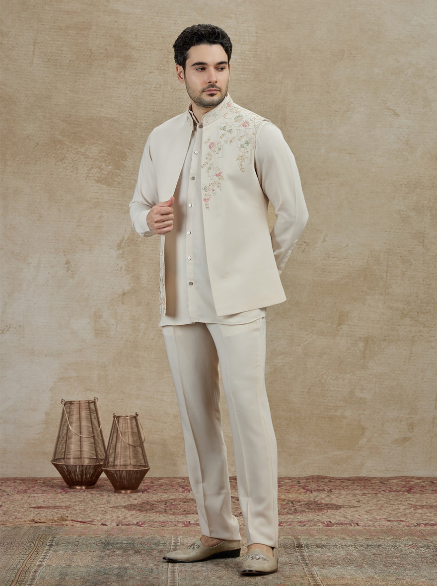 Fawn Embroidered Kurta Pajama with Koti | Virasana