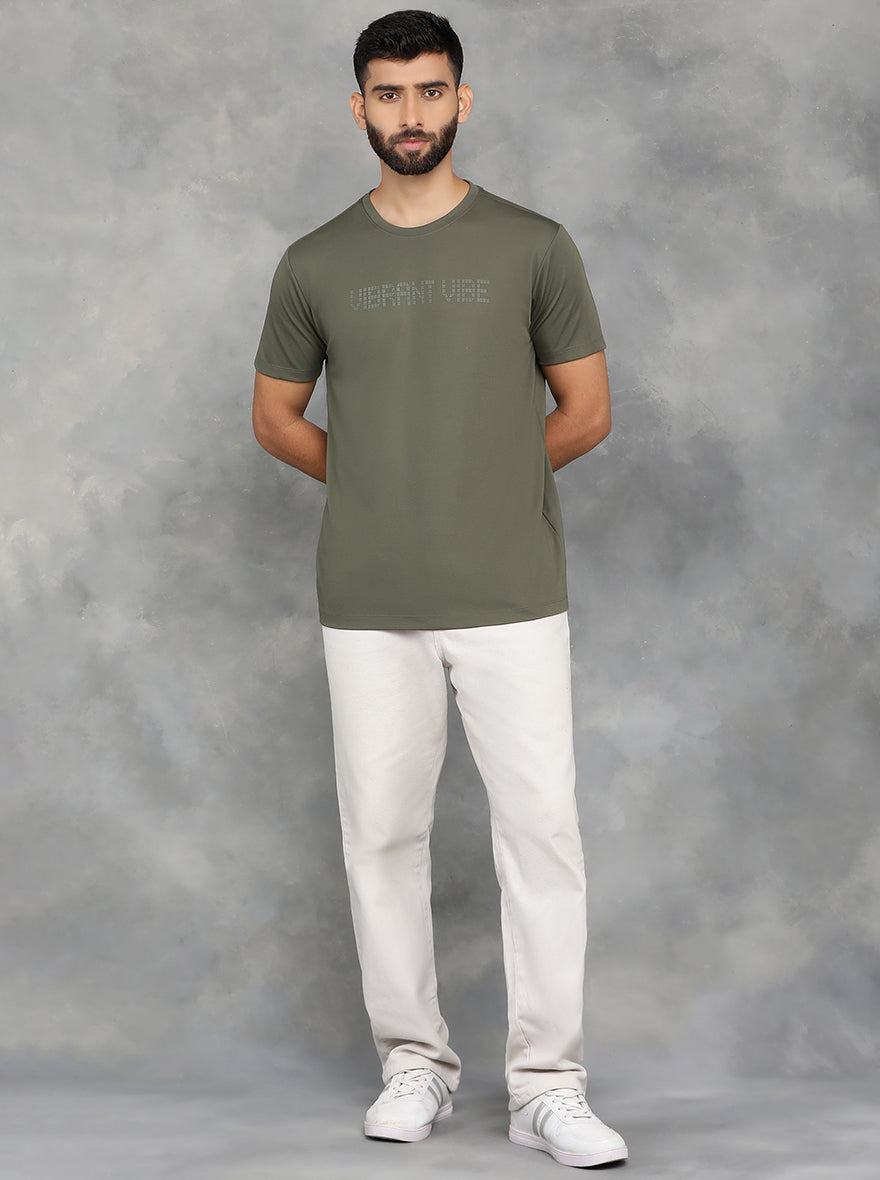 Olive Green Printed Slim Fit T-Shirt | JadeBlue