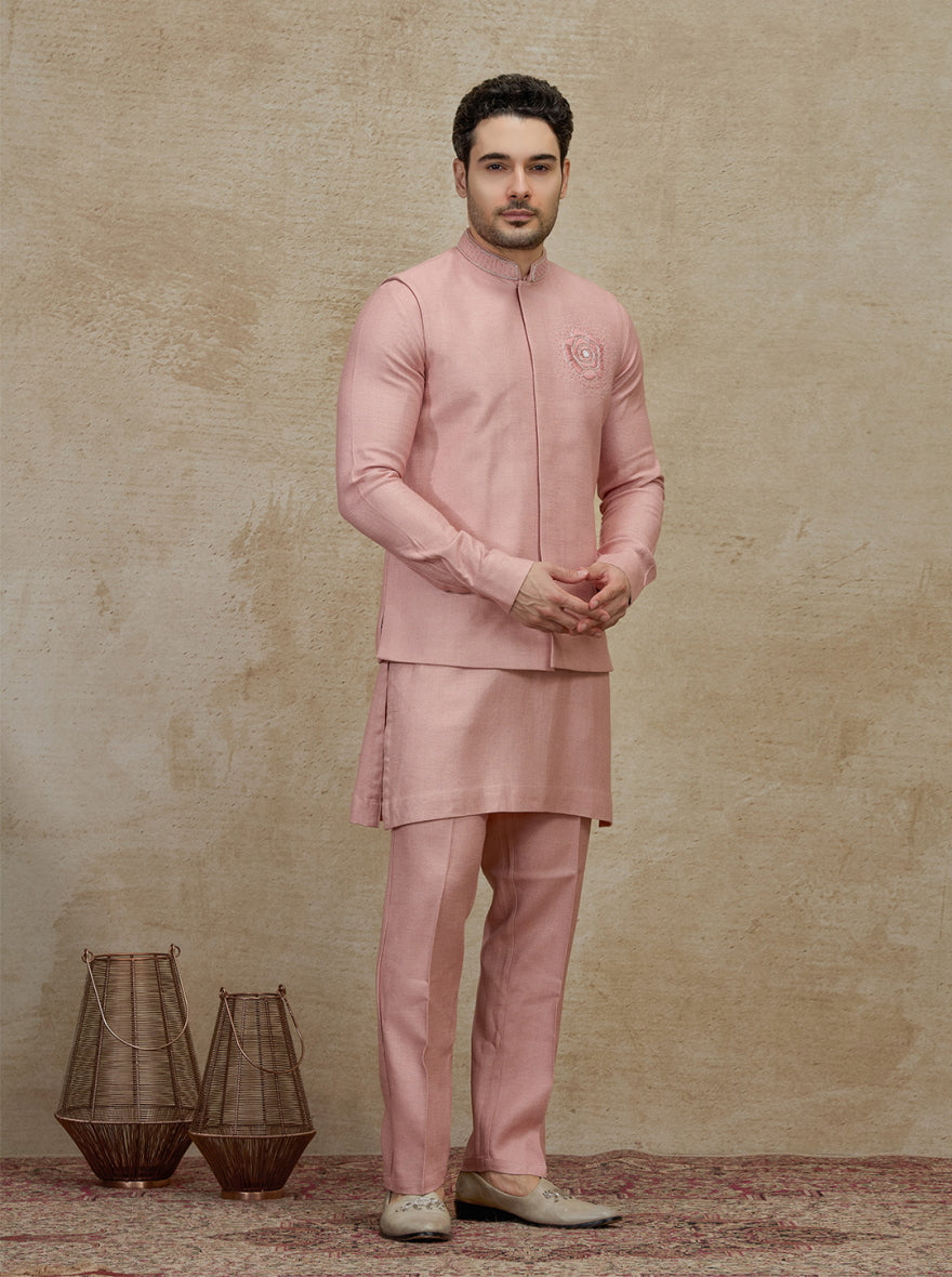Onion Pink Embroidered Kurta Pajama with Koti | TULA