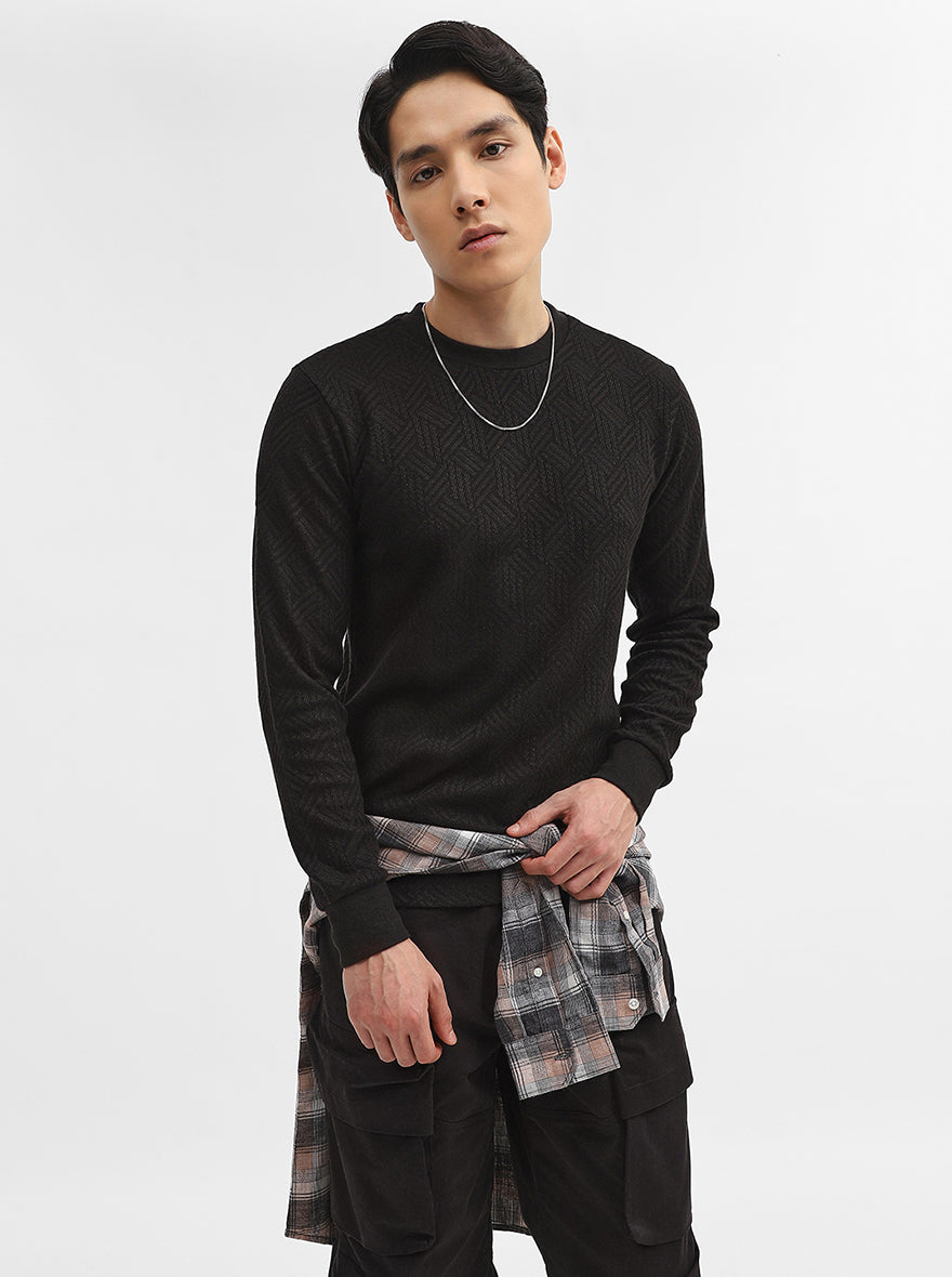 Black Jacquard Slim Fit Winter T-Shirt | Greenfibre