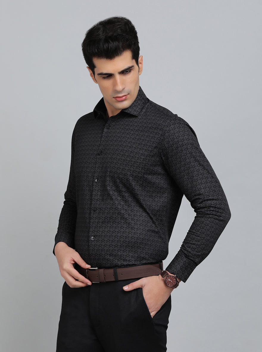 Dark Grey Printed Slim Fit Formal Shirt | Metal