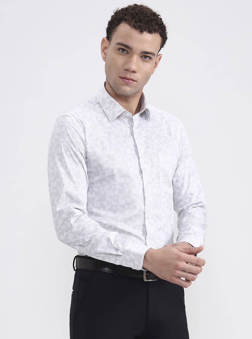 White & Grey Printed Slim Fit Formal Shirt | JadeBlue Youth