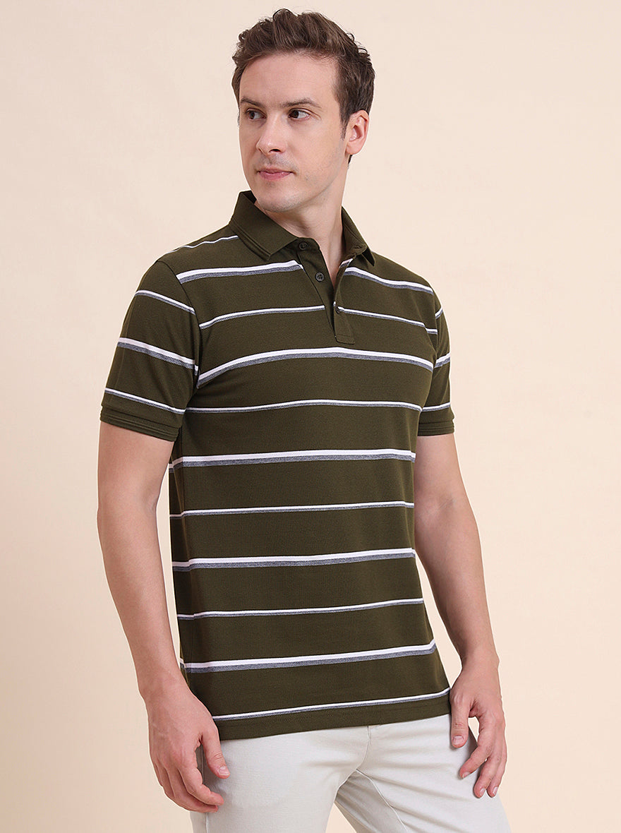 Olive & White Striped Slim Fit Polo T-Shirt | JadeBlue