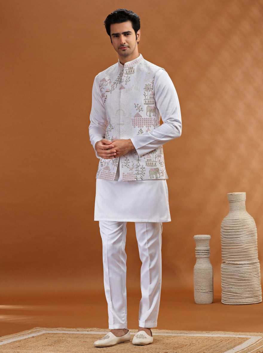 White Embroidered Kurta Pajama with Koti | TULA
