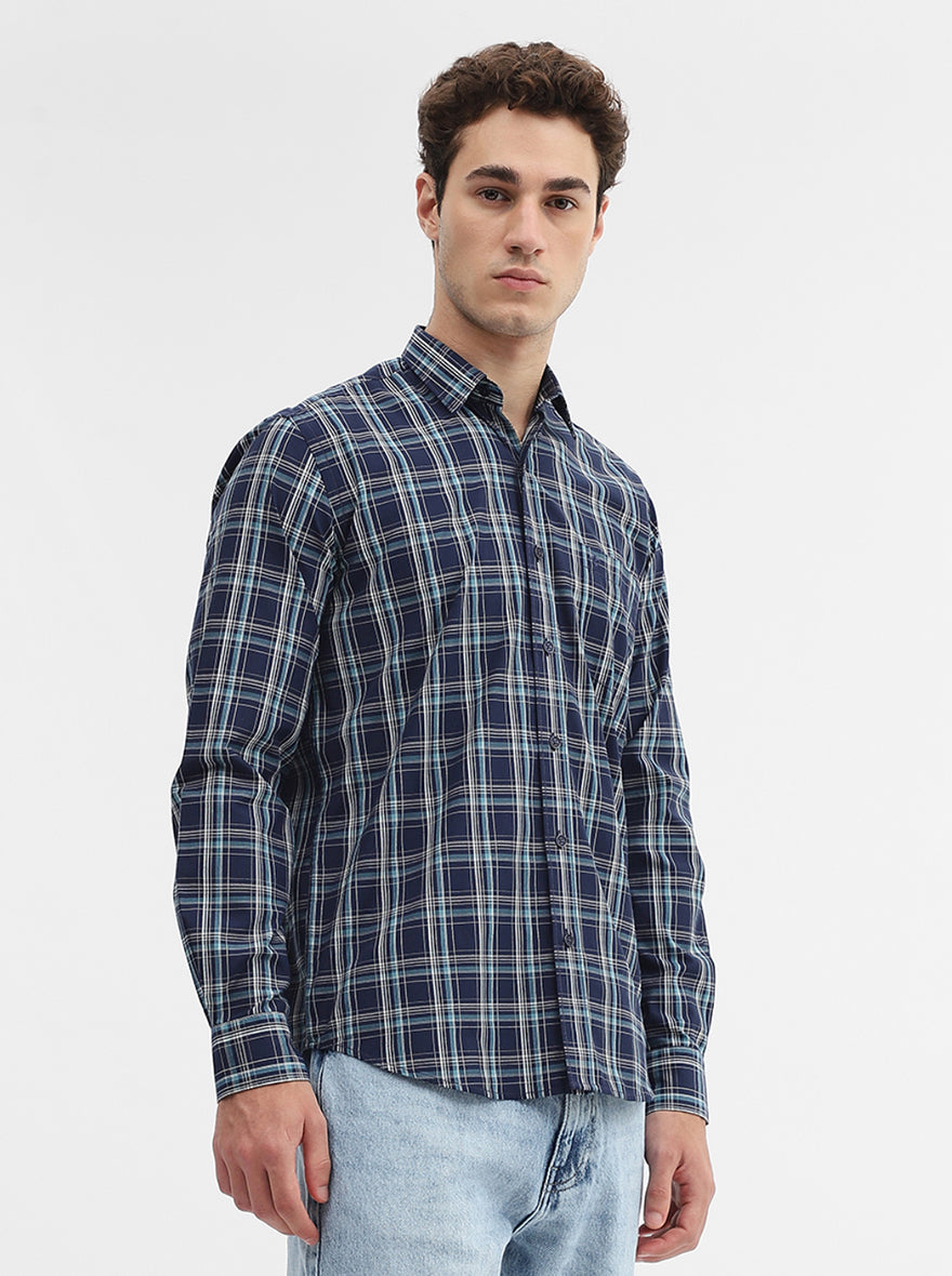 Navy Blue Checked Smart Fit Semi Casual Shirt | Greenfibre