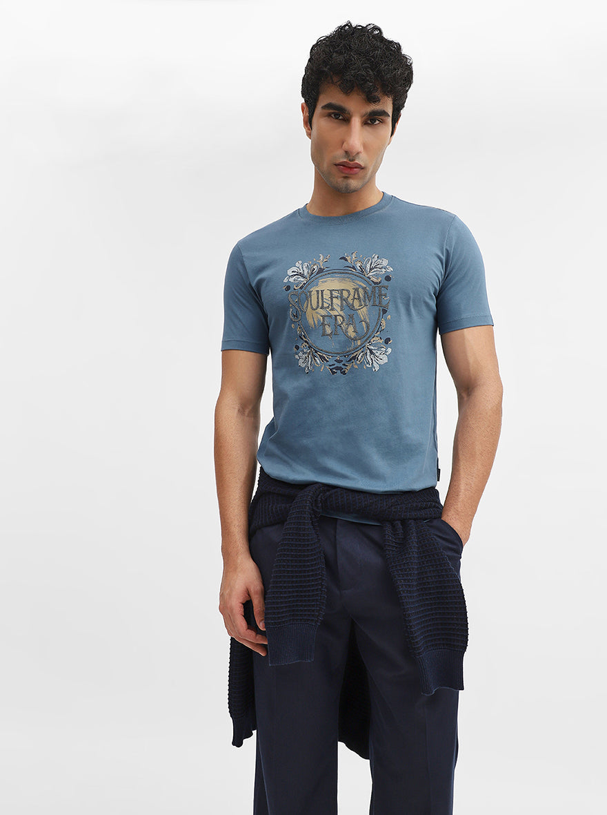 Blue Printed Slim Fit T-Shirt | Greenfibre