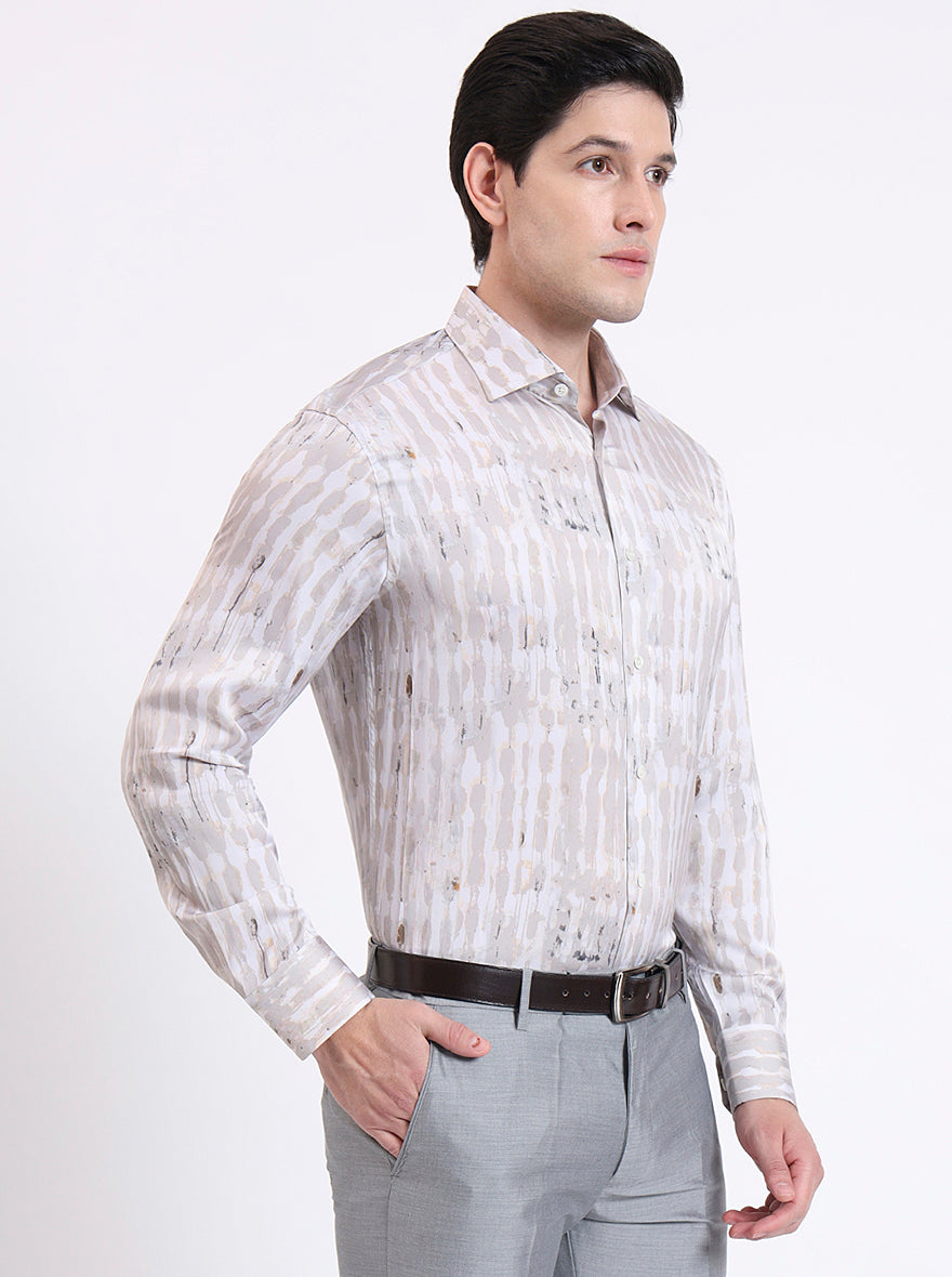 Cream Printed Slim Fit Party Wear Shirt | JadeBlue Super Luxe