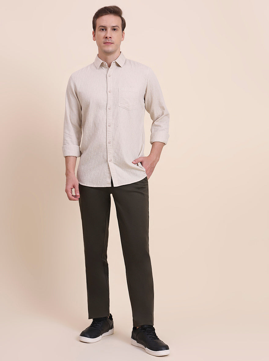 Olive Brown Printed Uno Fit Casual Trouser | JadeBlue