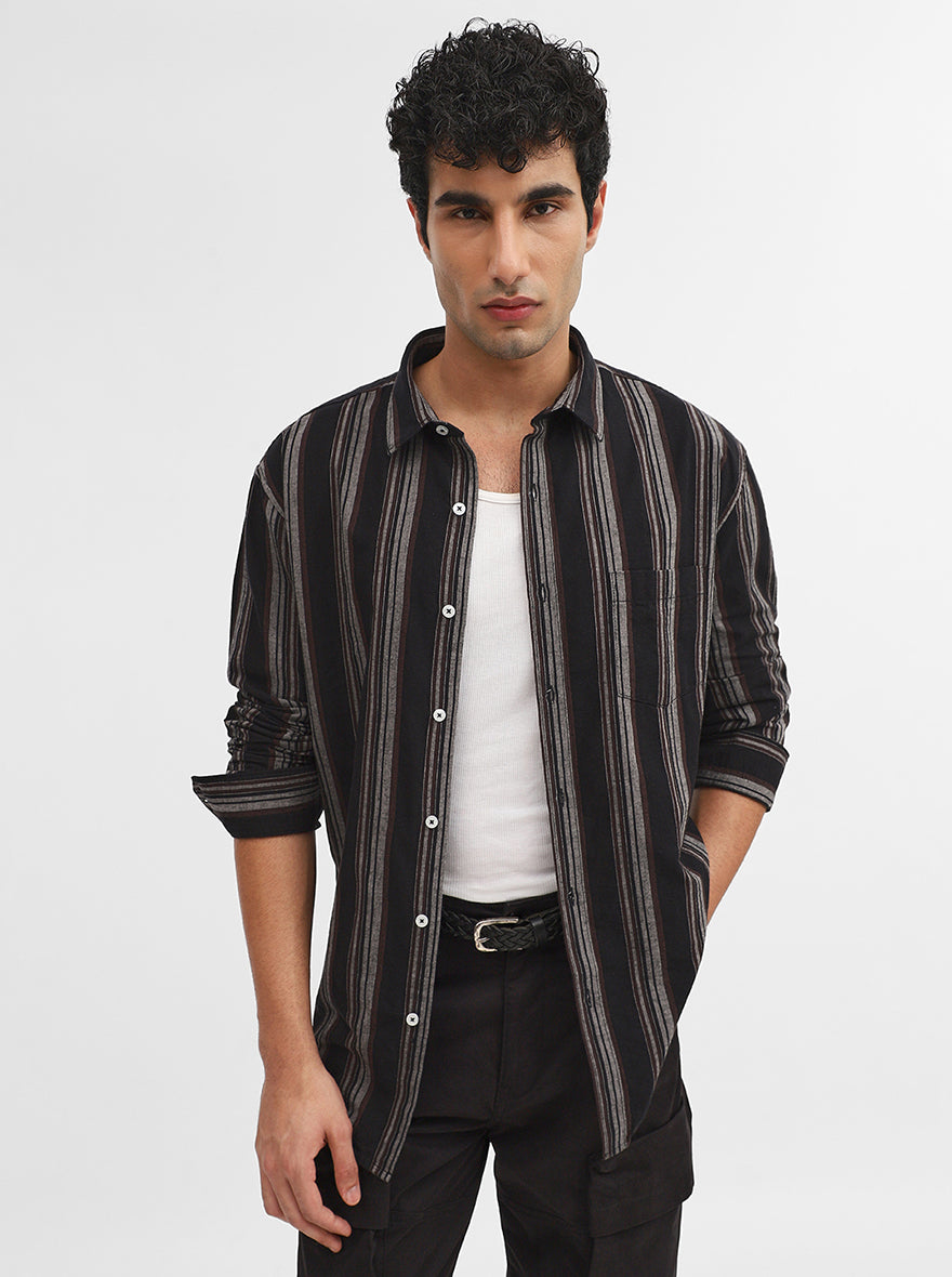 Grey & Black Striped Slim Fit Casual Shirt | Greenfibre