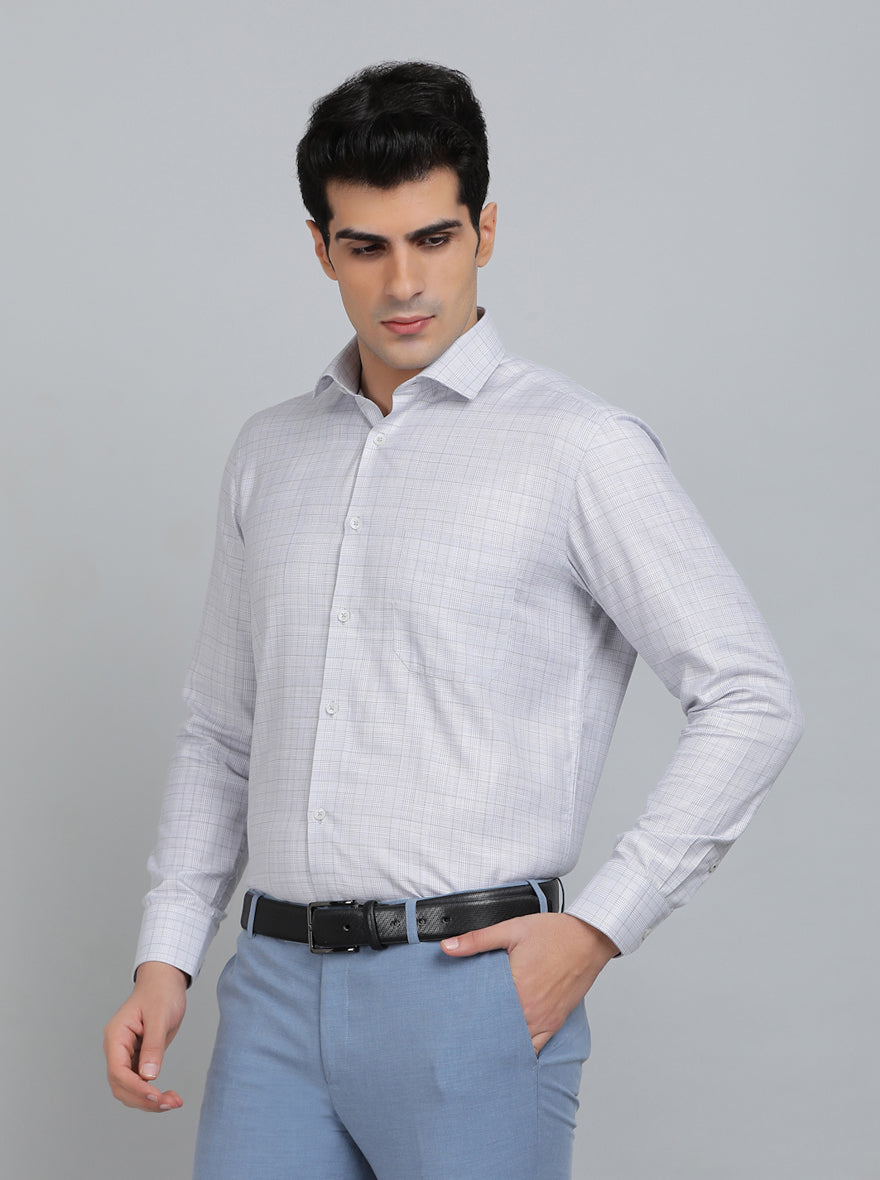 Light Grey Checked Slim Fit Formal Shirt | Greenfibre