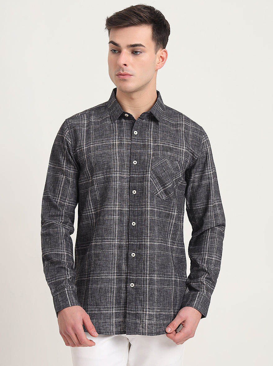 Grey Checked Slim Fit Casual Shirt | JadeBlue