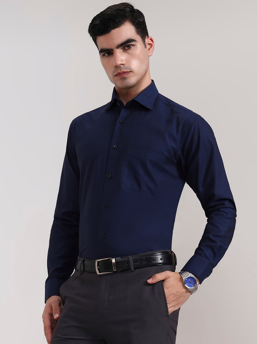 Navy Blue Solid Slim Fit Formal Shirt | Metal