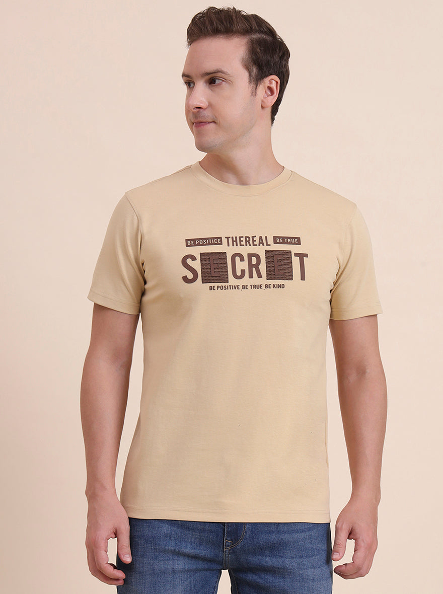 Beige Printed Slim Fit T-Shirt | JadeBlue