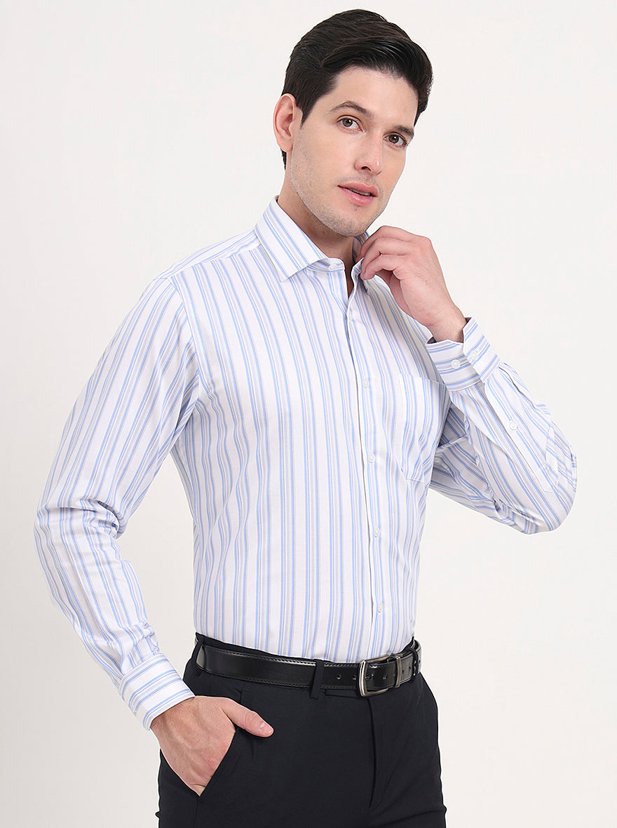White & Sky Blue Striped Regular Fit Formal Shirt | JadeBlue