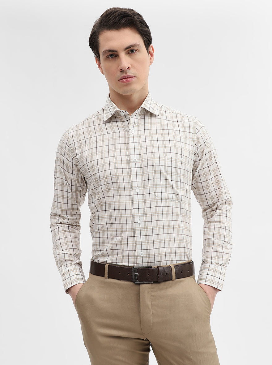 Cream Checked Slim Fit Formal Shirt | Metal