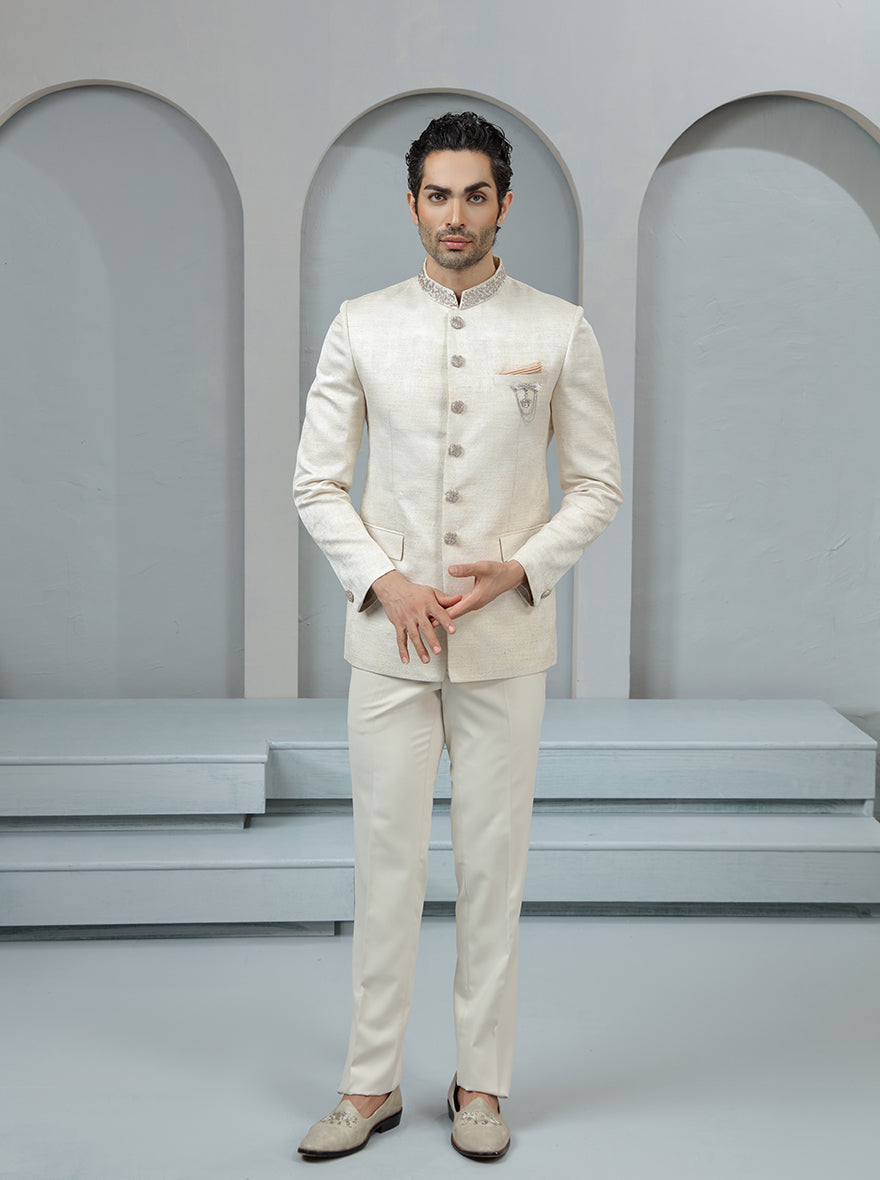 Fawn Self Textured Jodhpuri Suit | TULA