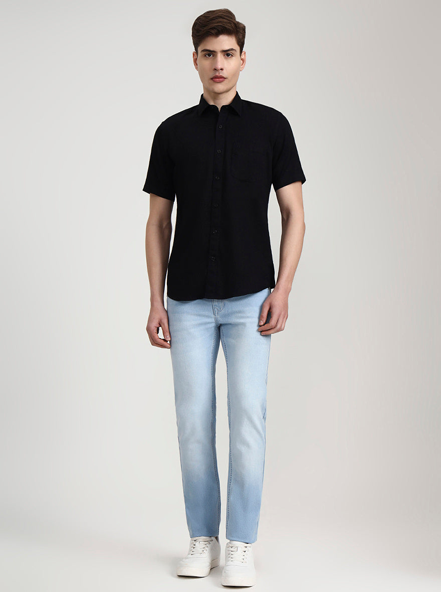 Black Solid Tailored Fit Semi Casual Shirt | JadeBlue
