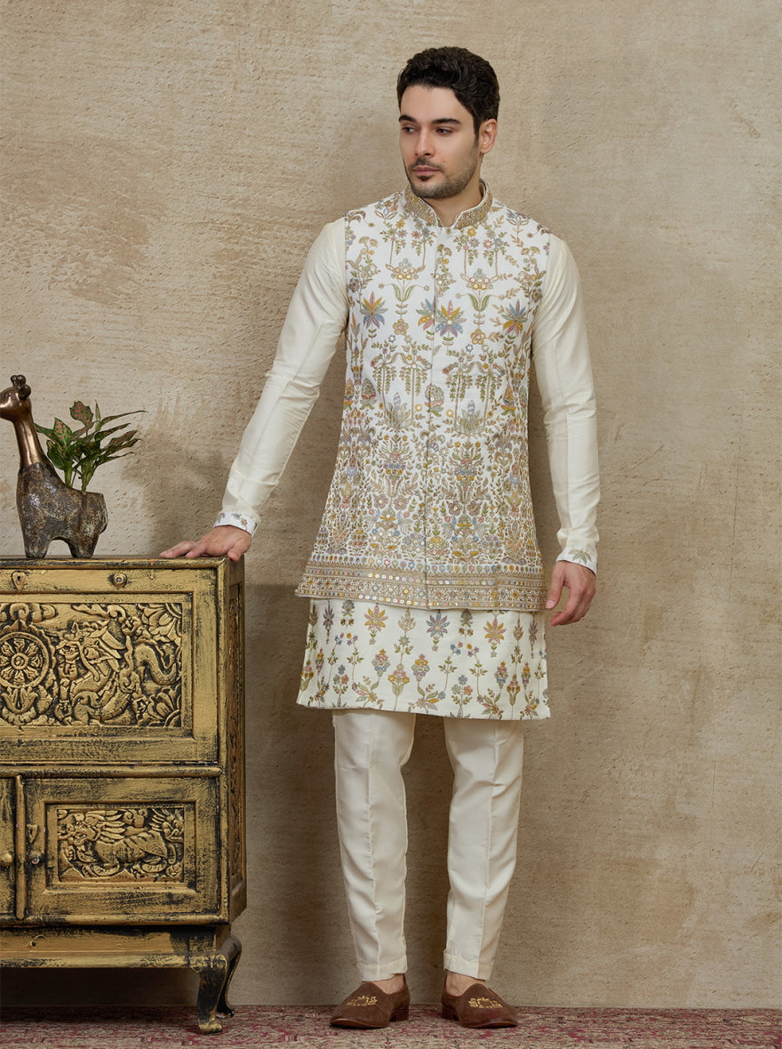 White & Green Embroidered Kurta Pajama with Koti | Virasana