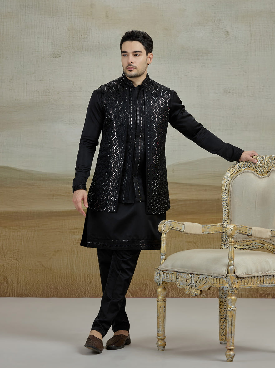 Black Embroidered Kurta Pajama with Koti | Virasana