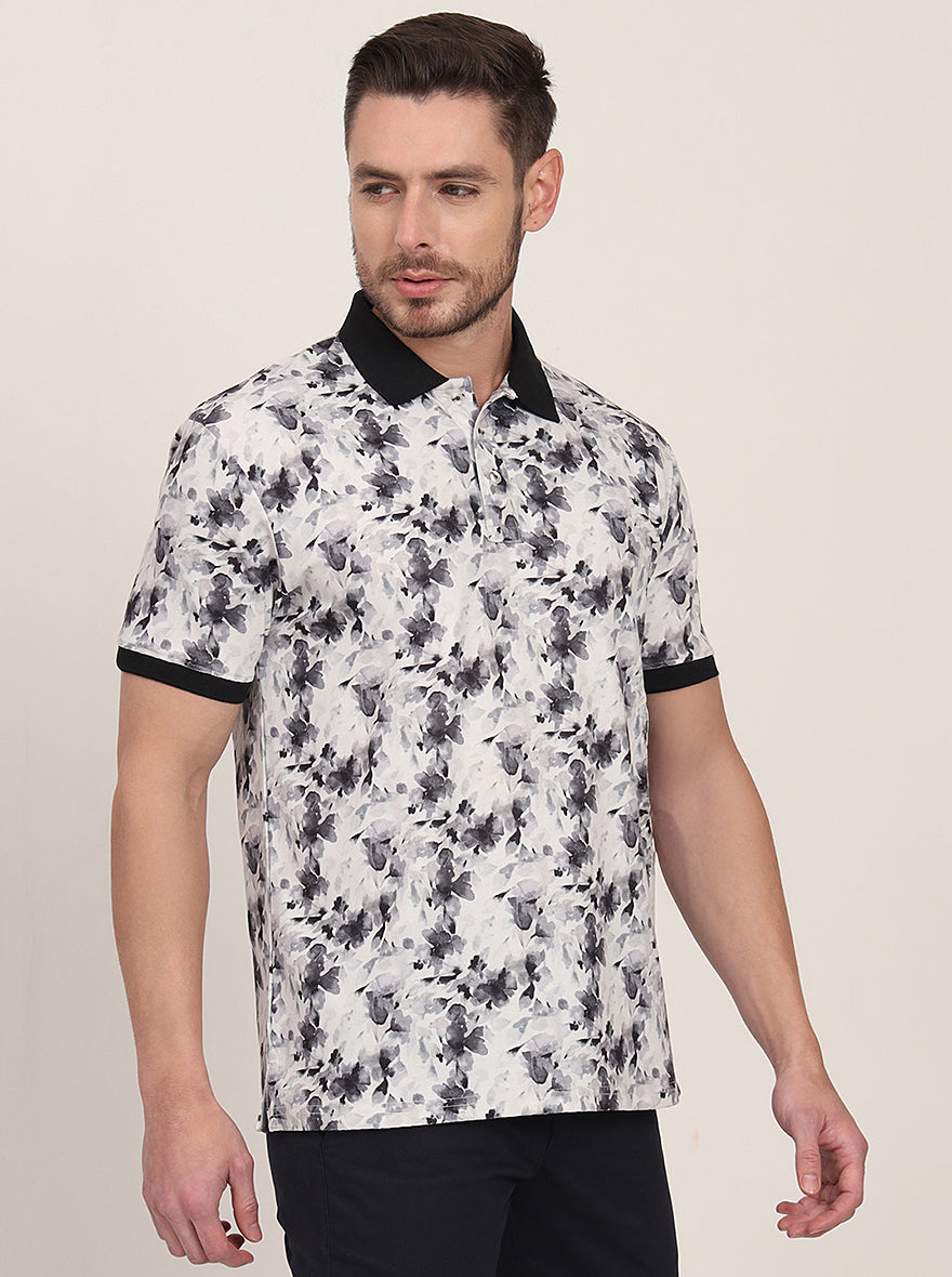 White & Black Printed Slim Fit Polo T-Shirt | JadeBlue
